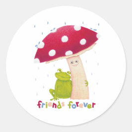 Cute tecknad sitta groda och svamp i regn runt klistermärke