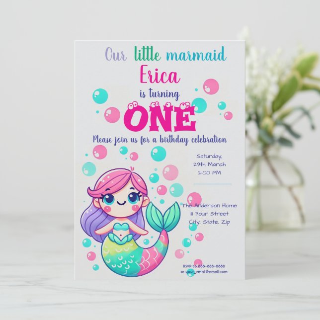 Cute Tecknad Sjöjungfru Birthday Bjud|Sea Party Inbjudningar (Stående Fram)