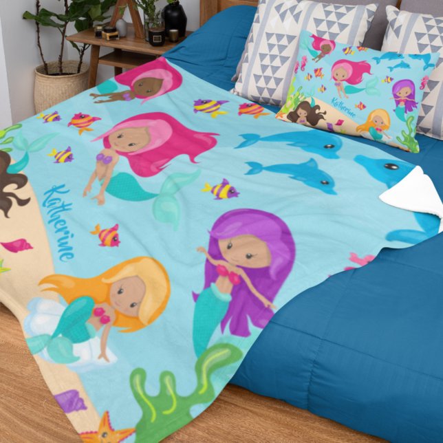 Cute Tecknad Sjöjungfru Little Girl under Sea Fleecefilt (Skapare uppladdad)