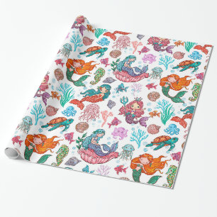 Cute tecknad-sjöjungfruar på vit bakgrund presentpapper