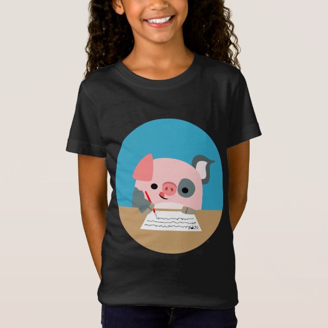 Cute Tecknad Skriva Gris Children T-Shirt (Framsida)