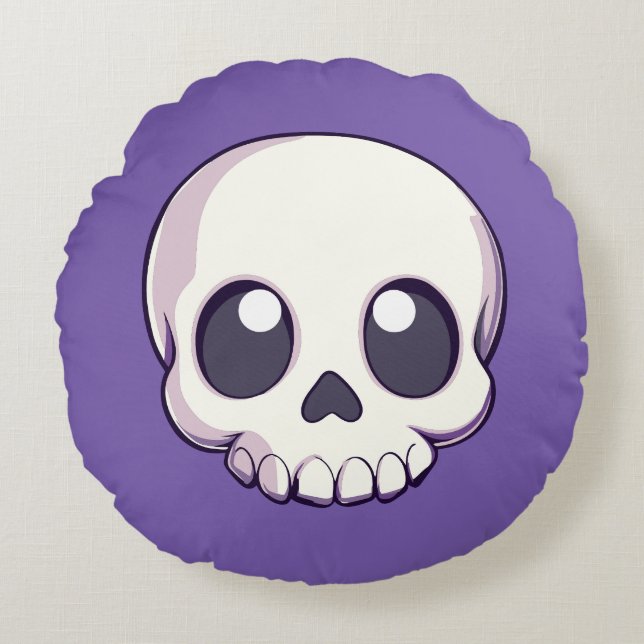 Cute Tecknad Skull Halloween Rund Kudde (Framsidan)