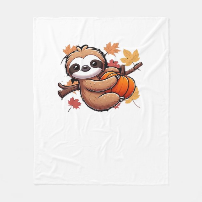 Cute Tecknad Sloth med Pumpkin - höstsäsong Ov Fleecefilt (Framsidan)