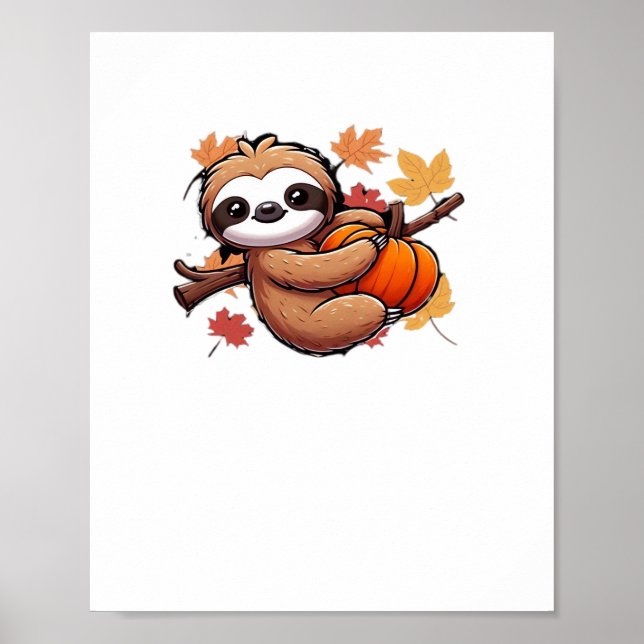 Cute Tecknad Sloth med Pumpkin - höstsäsong Ov Poster (Framsidan)