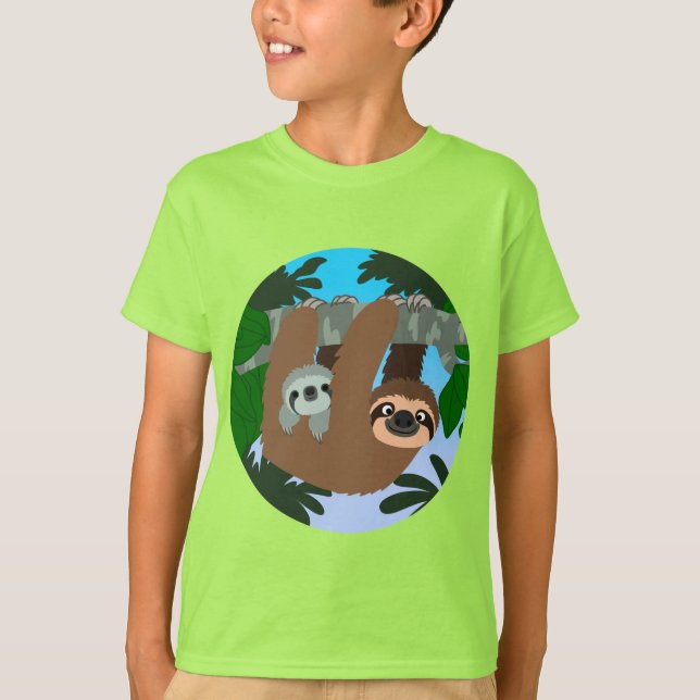 Cute Tecknad Sloth och Pojke Shirts T Shirt (Framsida)
