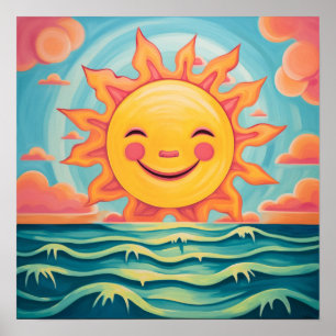 Cute Tecknad Sol Sunshine Ocean Poster