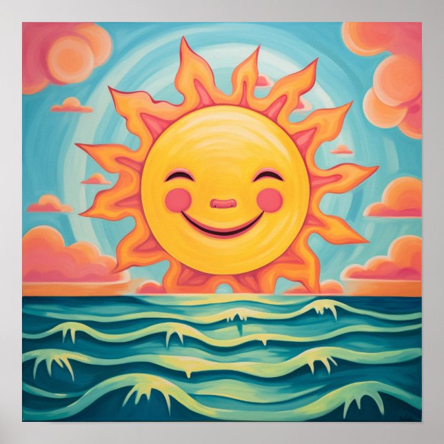 Cute Tecknad Sol Sunshine Ocean Poster (Framsidan)
