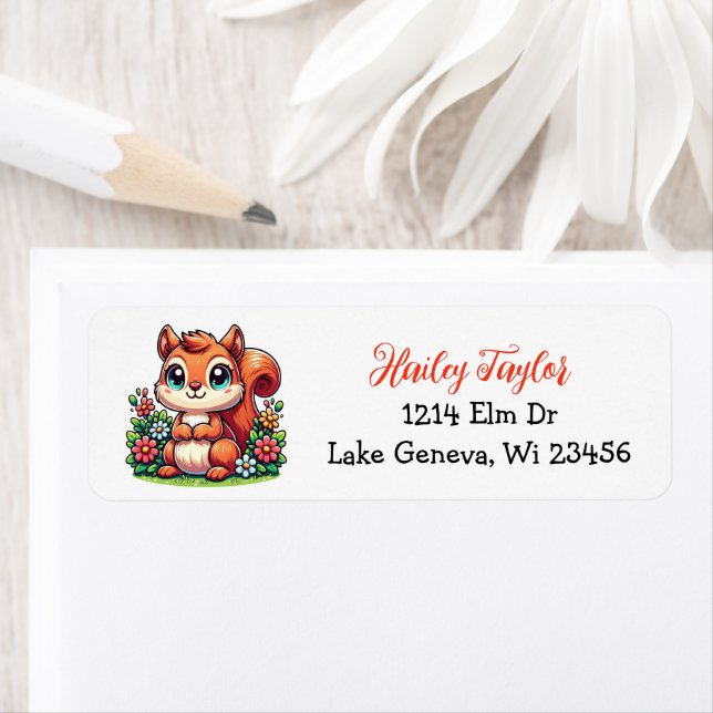 Cute Tecknad Squirrel och Flowers Rosa Returadress Etikett (Insitu)