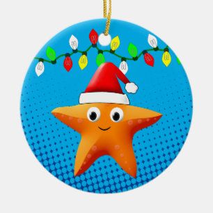 Cute Tecknad Starfish Santa Hat jul Ljus Julgransprydnad Keramik