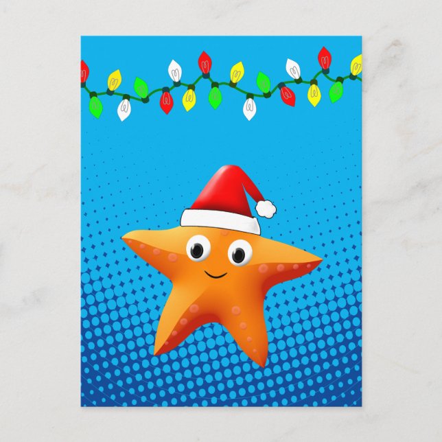 Cute Tecknad Starfish Santa Hat jul Ljus Vykort (Framsida)