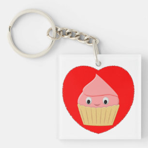 Cute Tecknad Strawberry Cupaka in Red Heart Keych