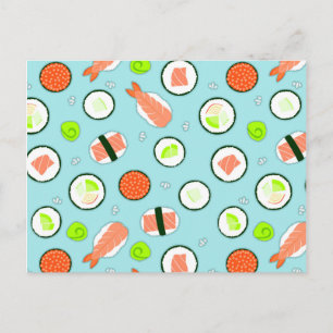 Cute Tecknad Sushi Mönster Blue Vykort