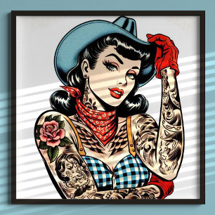 Cute Tecknad Tattoo Cowgirl Poster