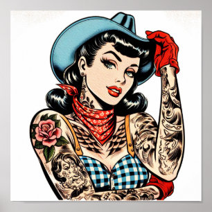 Cute Tecknad Tattoo Cowgirl Poster