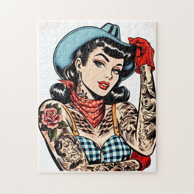 Cute Tecknad Tattoo Cowgirl Pussel (Vertikal)