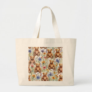 Cute Tecknad Teddies with Watercolor Flowers Jumbo Tygkasse