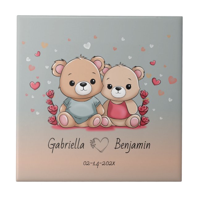 Cute Tecknad Teddy Älskare Heart Valentine Day Kakelplatta (Framsidan)