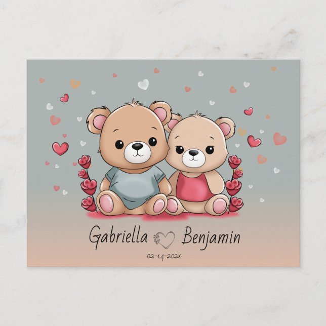 Cute Tecknad Teddy Älskare Heart Valentine Day Vykort (Framsida)