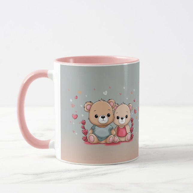 Cute Tecknad Teddy Älskare Hearts Valentine Day Mugg (Vänster)