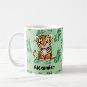 Cute Tecknad Tiger på Tropical Löv Kaffemugg