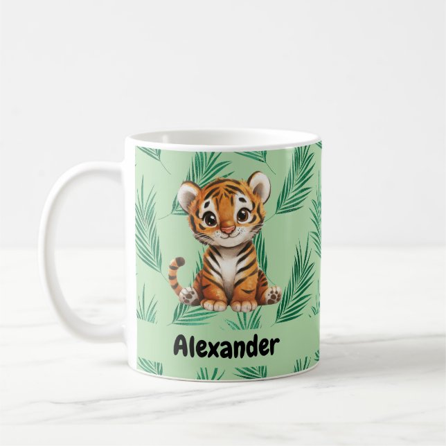Cute Tecknad Tiger på Tropical Löv Kaffemugg (Vänster)
