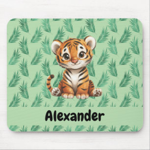 Cute Tecknad Tiger på Tropical Löv Musmatta