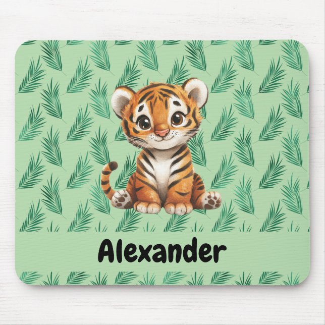Cute Tecknad Tiger på Tropical Löv Musmatta (Framsidan)