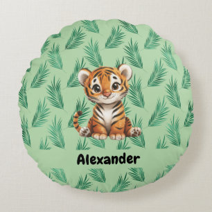 Cute Tecknad Tiger på Tropical Löv Rund Kudde