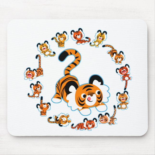 Cute Tecknad Tigers Mandala (Blue) Mousepad Musmatta (Framsidan)