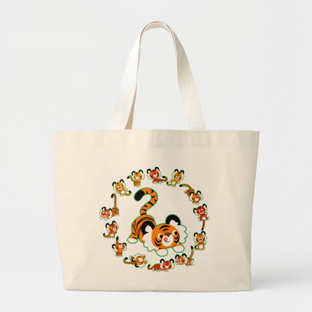 Cute Tecknad Tigers Mandala (grönt) Jumbo Bag Tygkasse (Framsidan)