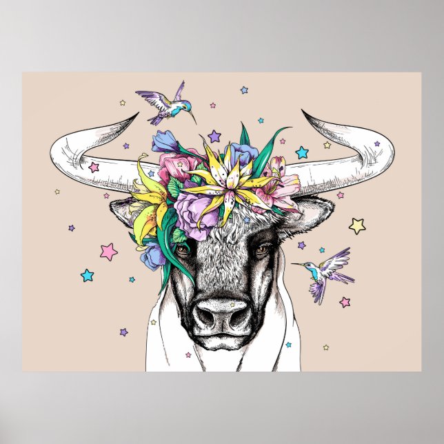 Cute tecknad tjur i en blommigt andedräkt. Bright  Poster (Framsidan)