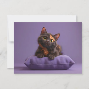 Cute Tecknad Tortoiseshell Kitten på Lila Cushio Vykort