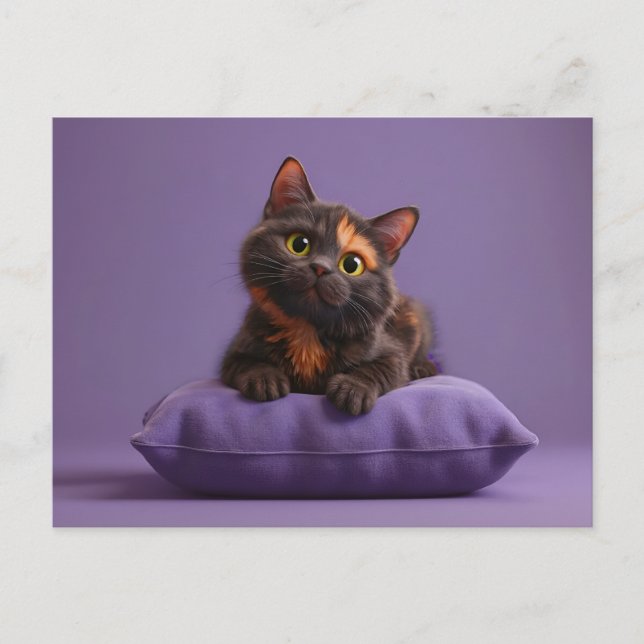 Cute Tecknad Tortoiseshell Kitten på Lila Cushio Vykort (Framsida)
