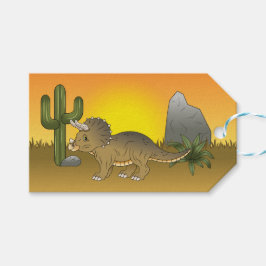 Cute Tecknad Triceratops dinosaur in Sunset Desert Presentetikett