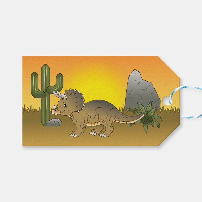 Cute Tecknad Triceratops dinosaur in Sunset Desert Presentetikett (Framsidan (Horisontell))