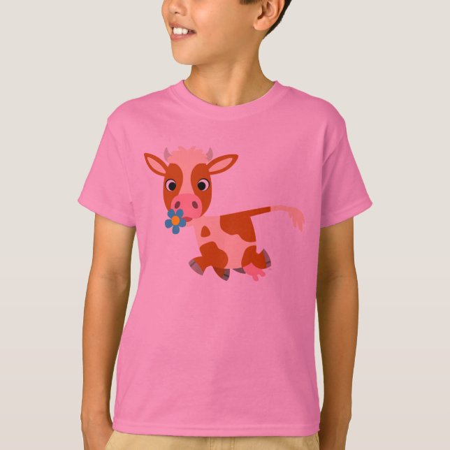 Cute Tecknad Trotting Cow Children T-Shirt (Framsida)