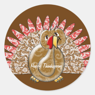 Cute Tecknad Turkey Damask Pattern Runt Klistermärke
