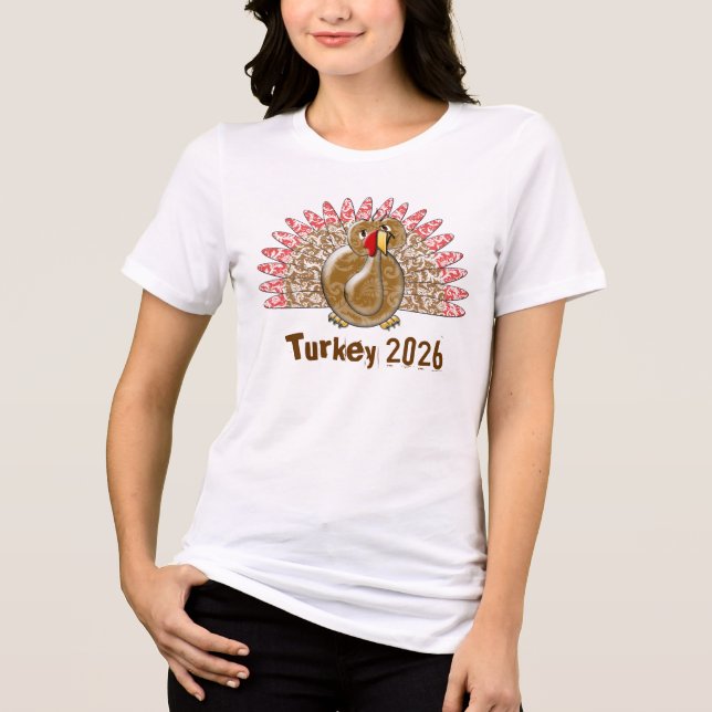 Cute Tecknad Turkey Damask Pattern Tee Shirt (Framsida)