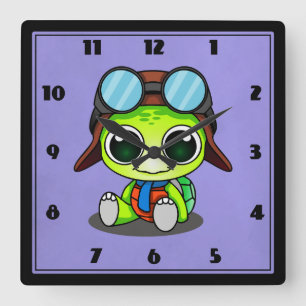 Cute Tecknad Turtle in Aviator Hat Fyrkantig Klocka