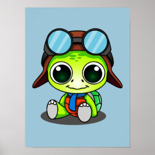 Cute Tecknad Turtle in Aviator Hat Poster