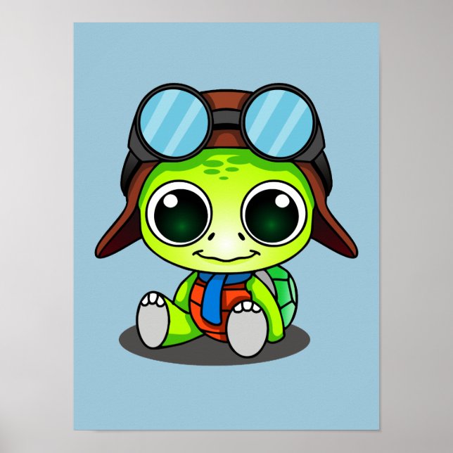 Cute Tecknad Turtle in Aviator Hat Poster (Framsidan)
