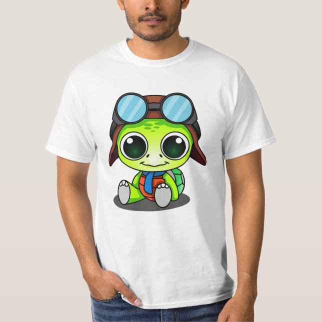 Cute Tecknad Turtle in Aviator Hat T-shirt (Framsida)