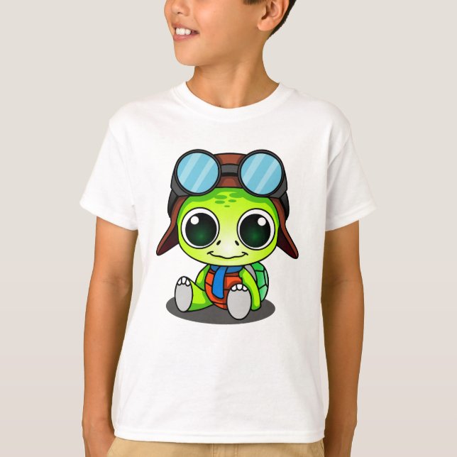 Cute Tecknad Turtle in Aviator Hat T Shirt (Framsida)