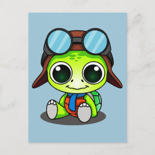Cute Tecknad Turtle in Aviator Hat Vykort