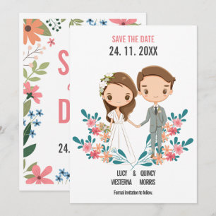 Cute Tecknad Två blommigtar Spara datum