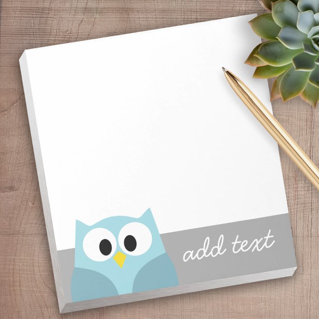 Cute Tecknad Uggla - Anpassat namn för blått och G Anteckningsblock (Personalized notepad - great for a gift or your home office)