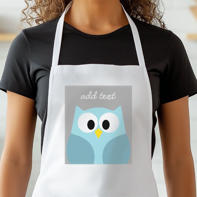 Cute Tecknad Uggla - Anpassat namn för blått och G Förkläde (Personalized Kitchen Apron)