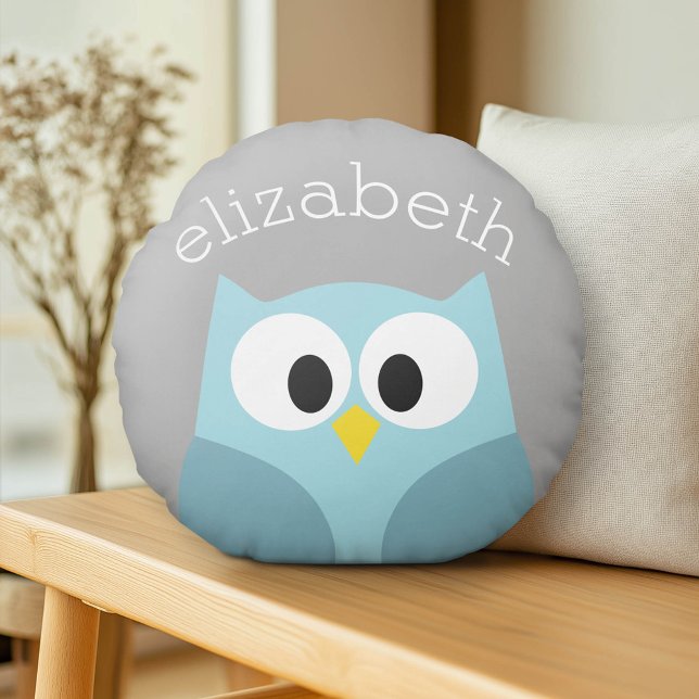Cute Tecknad Uggla - Anpassat namn för blått och G Rund Kudde (Custom Pillow)
