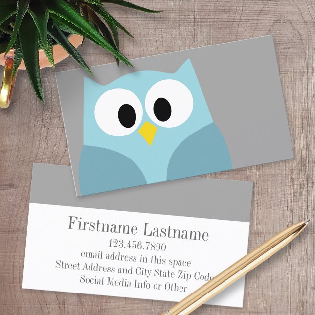 Cute Tecknad Uggla - Anpassat namn för blått och G Visitkort (Custom Printed Business Cards)