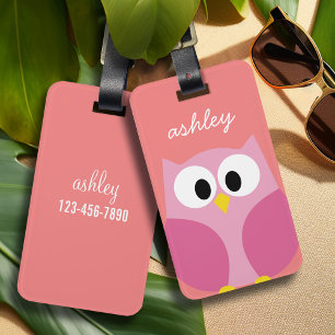 Cute Tecknad Uggla i Rosa och koral Bagagebricka